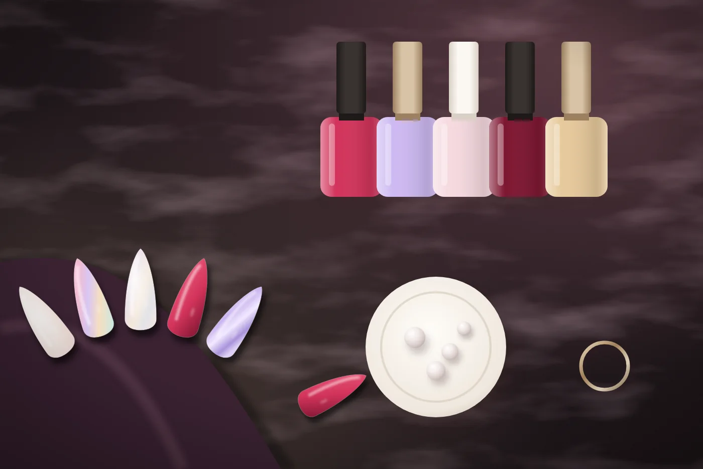 Mesa de trabajo oscura con esmaltes cereza, lila, rosa y champaña, un abanico de muestras de uñas, perlas y un anillo dorado.